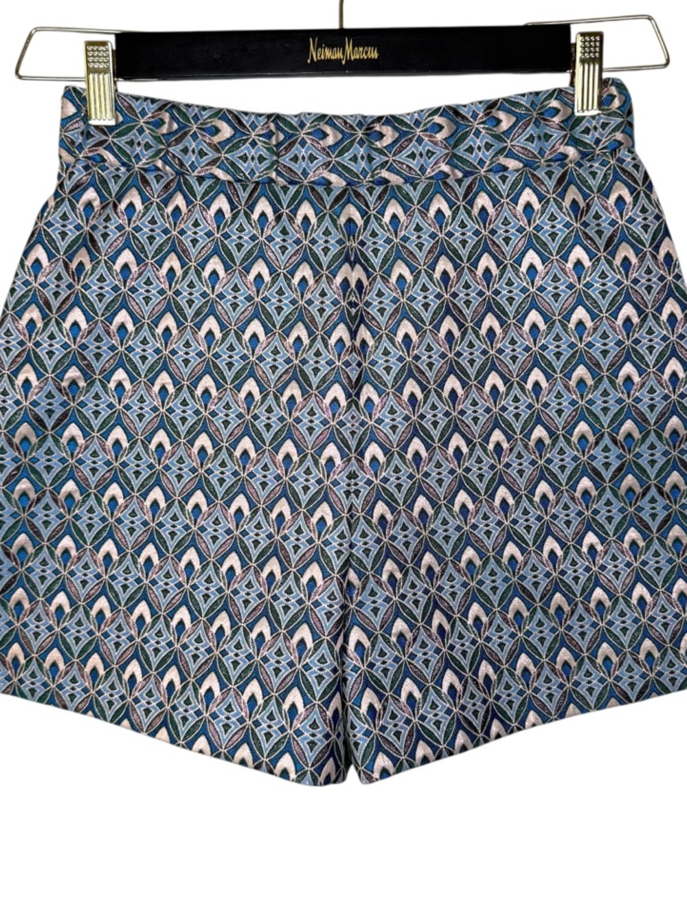 Maje Blue Metallic Jacquard Shorts High Waist Geometric Size 38 NWT